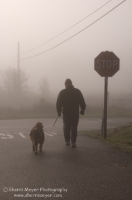 Rural Auburn, California  Man walking his dog down a foggy country road, Auburn California