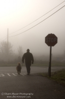 Man and dog walking, rural Auburn, California  Man walking his dog down a foggy country road, Auburn California
