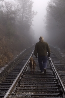 Rural Auburn, California  Man and his dog walking along the railroad tracks, Auburn California
