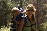 Hiking Sagehen Creek Trail, Truckee, California Woman hiking with her child on the Sagehen Creek Trail, Tahoe National Forest, California