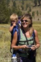 Hiking Sagehen Creek Trail, Truckee, California Woman hiking with her child on the Sagehen Creek Trail, Tahoe National Forest, California