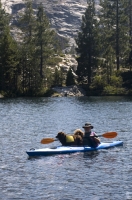 Man and dog kayaking Lake Faucherie, California Man and his dog kayaking Lake Faucherie