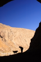 DT-CA-07-15 Man and his dog exploring a cave in Cottonwood Canyon, Death Valley National Park, California