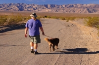 DT-CA-08-13 Man and dog walking down Cottonwood Canyon Road, Stovepipe Wells, Death Valley National Park, California