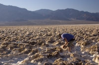 Devil's Golf Course, Death Valley National Park, California  Man examining the salt at the Devil's Golf Course, Death Valley National Park, California